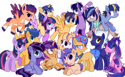 Size: 4000x2468 | Tagged: safe, alternate version, artist:idkhesoff, artist:rerorir, derpibooru import, flash sentry, twilight sparkle, twilight sparkle (alicorn), oc, oc:aurora, oc:dawn light, oc:diamond wings, oc:estella sparkle, oc:flare beam, oc:hesitant enchantment, oc:jake sparkle, oc:magitek, oc:nightfall twinkle, oc:prince orion flash, oc:sparkling stars (ice1517), oc:star flare, oc:starshine gleam, oc:stella nova, alicorn, pegasus, pony, unicorn, alicorn oc, base used, blank flank, bowtie, brother and sister, chest fluff, coat markings, collar, ear piercing, earring, eye scar, family, father and child, father and daughter, father and son, female, flashlight, flying, freckles, glowing horn, grin, horn, icey-verse, jewelry, leg fluff, levitation, magic, male, mare, mother and child, mother and daughter, mother and son, multicolored hair, offspring, open mouth, parent and child, parent:flash sentry, parent:twilight sparkle, parents:flashlight, piercing, ponies riding ponies, raised hoof, raised leg, riding, scar, self-levitation, shipping, siblings, simple background, sisters, sitting, smiling, stallion, straight, tattoo, telekinesis, transparent background, unshorn fetlocks, wall of tags, wings