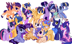 Size: 4000x2468 | Tagged: safe, alternate version, artist:idkhesoff, artist:rerorir, derpibooru import, flash sentry, twilight sparkle, twilight sparkle (alicorn), oc, oc:aurora, oc:dawn light, oc:diamond wings, oc:estella sparkle, oc:flare beam, oc:hesitant enchantment, oc:jake sparkle, oc:magitek, oc:nightfall twinkle, oc:prince orion flash, oc:sparkling stars (ice1517), oc:star flare, oc:starshine gleam, oc:stella nova, alicorn, pegasus, pony, unicorn, alicorn oc, base used, blank flank, bowtie, brother and sister, chest fluff, coat markings, collar, ear piercing, earring, eye scar, family, father and child, father and daughter, father and son, female, flashlight, flying, freckles, glowing horn, grin, horn, icey-verse, jewelry, leg fluff, levitation, magic, male, mare, mother and child, mother and daughter, mother and son, multicolored hair, offspring, open mouth, parent and child, parent:flash sentry, parent:twilight sparkle, parents:flashlight, piercing, ponies riding ponies, raised hoof, raised leg, riding, scar, self-levitation, shipping, siblings, simple background, sisters, sitting, smiling, stallion, straight, tattoo, telekinesis, unshorn fetlocks, wall of tags, white background, wings