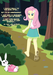 Size: 2480x3508 | Tagged: safe, alternate version, artist:escapistmatt, derpibooru import, angel bunny, fluttershy, rabbit, equestria girls, animal, barefoot, barefooting, dirt, dirty, dirty feet, duo, feet, fetish, foot fetish, forest, high res, shoes removed, walking