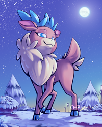 Size: 2000x2500 | Tagged: safe, artist:orez-suke, derpibooru import, velvet reindeer, deer, reindeer, them's fightin' herds, blue background, cloven hooves, community related, looking at you, looking down, looking down at you, moon, moonlight, raised hoof, raised leg, simple background, smug, snow, streetlight, tree