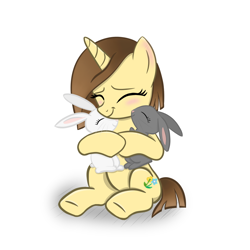 Size: 1024x1024 | Tagged: safe, artist:sundust, derpibooru import, oc, oc only, oc:sundust, pony, rabbit, unicorn, animal, blushing, cute, eyes closed, female, happy, horn, hug, mare, simple background, sitting, smiling, solo, solo female, unicorn oc, white background