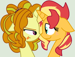 Size: 592x450 | Tagged: safe, artist:hugger-luve, artist:jadethepegasus, derpibooru import, adagio dazzle, sunset shimmer, pony, unicorn, base used, blushing, boop, equestria girls ponified, female, gray background, horn, horns are touching, lesbian, mare, noseboop, ponified, shipping, simple background, sunsagio, tongue, tongue out