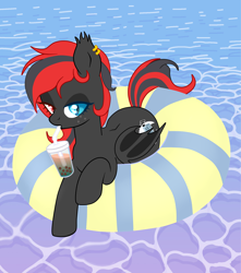Size: 5000x5666 | Tagged: safe, artist:chip16, derpibooru import, oc, oc only, oc:sharpe, bat pony, pony, absurd resolution, base used, bat pony oc, bedroom eyes, bubble tea, commission, female, floaty, food, heterochromia, mare, piercing, sipping, solo, swimming pool, tea, ych result