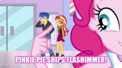 Size: 800x448 | Tagged: safe, derpibooru import, edit, edited screencap, screencap, flash sentry, pinkie pie, sunset shimmer, better together, do it for the ponygram!, equestria girls, caption, female, flashimmer, image macro, male, shipping, straight, text