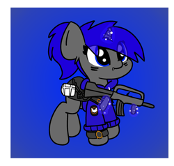 Size: 1495x1421 | Tagged: safe, artist:two2sleepy, derpibooru import, oc, oc only, oc:dream vezpyre, oc:dream², chibi, clothes, famas, fangs, gun, hoodie, solo, tom clancy's the division, weapon