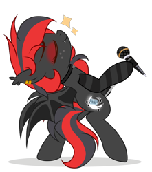 Size: 2539x2870 | Tagged: artist needed, safe, derpibooru import, oc, oc only, oc:sharpe, bat pony, pony, bat pony oc, bipedal, clothes, collar, commission, eyes closed, fangs, female, freckles, mare, microphone, microphone stand, piercing, simple background, singing, socks, striped socks, transparent background, ych result