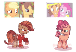 Size: 1263x875 | Tagged: safe, artist:maiii-san, derpibooru import, oc, earth pony, pony, clothes, earth pony oc, female, hat, looking back, male, mare, offspring, parent:applejack, parent:caramel, parent:cheese sandwich, parent:pinkie pie, parents:carajack, parents:cheesepie, screencap reference, side hug, simple background, stallion, straight, transparent background