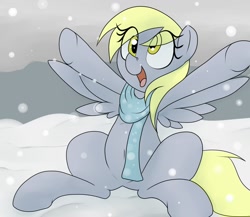 Size: 1500x1300 | Tagged: safe, artist:datte-before-dawn, derpy hooves, pegasus, pony, belly button, cute, derpabetes, eye clipping through hair, female, happy, mare, open mouth, scarf, sitting, smiling, snow, snowfall, solo, spread wings, underhoof