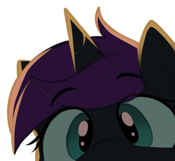Size: 744x685 | Tagged: safe, alternate version, artist:shinodage, oc, oc only, oc:nyx, alicorn, pony, alicorn oc, close-up, eyebrows visible through hair, female, filly, horn, looking at you, peeking, simple background, solo, transparent background, wings