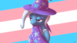 Size: 3840x2160 | Tagged: safe, artist:dmann892, trixie, pony, unicorn, cape, clothes, female, hat, mare, pride, pride flag, solo, trans trixie, transgender, transgender pride flag