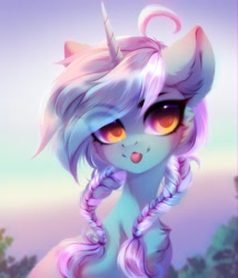 Size: 1749x2040 | Tagged: safe, artist:shenki, lyra heartstrings, pony, unicorn, alternate hairstyle, braid, chest fluff, female, looking at you, mare, solo, tongue, tongue out, twin braids