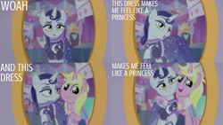 Size: 1280x720 | Tagged: safe, edit, edited screencap, editor:quoterific, screencap, moonlight raven, sunshine smiles, pony, unicorn, canterlot boutique, season 5, clothes, dress, duo focus, female, mare, mirror, open mouth, siblings, sisters, smiling