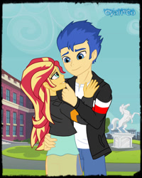 Size: 1024x1280 | Tagged: safe, artist:cyan-co, flash sentry, sunset shimmer, equestria girls, friendship games, clothes, female, flashimmer, jacket, male, shipping, straight