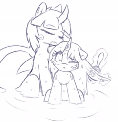 Size: 1983x2048 | Tagged: safe, artist:rivibaes, derpibooru import, oc, oc:killi thaum, oc:rivibaes, original species, pony, shark, shark pony, succubus, bathing, brush, brushie, cute, female, mare, monochrome, one eye closed, simple background, sketch