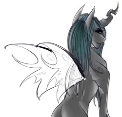 Size: 838x804 | Tagged: safe, artist:sombershadows, derpibooru exclusive, derpibooru import, queen chrysalis, changeling, changeling queen, pony, colored sketch, devious smile, eyelashes, female, looking at you, looking back, looking back at you, mare, simple background, sitting, sketch, smiling, solo, white background