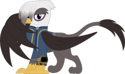 Size: 3554x2104 | Tagged: safe, artist:ponygamer2020, artist:porygon2z, derpibooru import, oc, oc only, oc:raiza, griffon, fallout equestria, clothes, fallout, female, griffon oc, jumpsuit, looking at you, pipboy, simple background, smiling, smiling at you, solo, transparent background, vault suit, vector