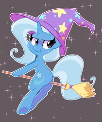 Size: 2371x2826 | Tagged: safe, artist:kindakismet, derpibooru import, trixie, pony, unicorn, broom, clothes, cute, diatrixes, female, flying, flying broomstick, hat, high res, mare, sitting, solo, trixie's hat, witch