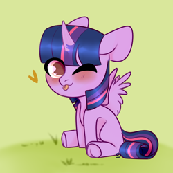 Size: 1024x1024 | Tagged: safe, artist:maryzet, derpibooru import, twilight sparkle, twilight sparkle (alicorn), alicorn, pony, :p, blushing, chibi, cute, heart, one eye closed, sitting, solo, spread wings, tongue, tongue out, twiabetes, wings, wink