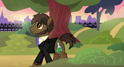 Size: 1985x1082 | Tagged: safe, artist:mr100dragon100, derpibooru import, earth pony, beaker, dark forest au's dr. jekyll and mr. hyde, dr jekyll and mr hyde, fence, looking up, mr.hyde, park, show accurate, sunset, town, tree, walking