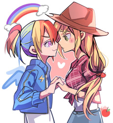 Size: 500x543 | Tagged: source needed, safe, artist:nz, derpibooru import, applejack, rainbow dash, equestria girls, apple, appledash, applejack's hat, clothes, cowboy hat, female, food, hat, lesbian, rainbow, shipping