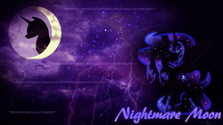 Size: 1600x900 | Tagged: safe, derpibooru import, nightmare moon, lightning, moon, stars, text, wallpaper