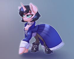 Size: 1772x1417 | Tagged: safe, artist:dandy, derpibooru import, pony, unicorn, bioshock, bioshock infinite, chest fluff, choker, clothes, corset, crossover, dress, female, gradient background, mare, newbie artist training grounds, ponified, shoes, signature, simple background, solo