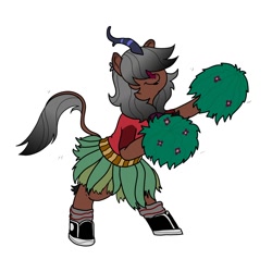 Size: 1200x1200 | Tagged: safe, artist:pony quarantine, derpibooru import, oc, oc only, oc:kaumaha ekahi, kirin, bipedal, cheerleader, cheerleader outfit, clothes, female, grass skirt, hair over eyes, kirin oc, pom pom, simple background, skirt, solo, white background