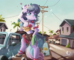 Size: 4096x3327 | Tagged: safe, artist:saxopi, derpibooru import, oc, oc only, earth pony, semi-anthro, car, car wash, chest fluff, clothes, floral head wreath, flower, house, palm tree, solo, suds, telephone pole, tree