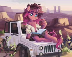 Size: 4096x3231 | Tagged: safe, artist:saxopi, derpibooru import, oc, oc only, semi-anthro, unicorn, book, clothes, desert, reading, scenery, shirt, sitting, skirt, soda, soda can, solo, vehicle