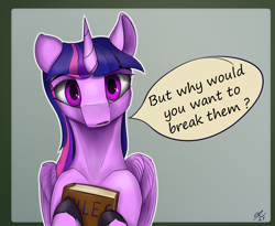 Size: 1950x1600 | Tagged: safe, artist:tenebrisnoctus, derpibooru import, twilight sparkle, twilight sparkle (alicorn), alicorn, pony, atg 2021, book, female, gradient background, looking at you, mare, newbie artist training grounds, solo, speech bubble, talking to viewer, unshorn fetlocks