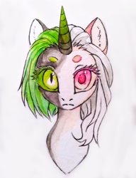 Size: 1656x2160 | Tagged: safe, artist:megabait, derpibooru import, oc, demon, pony, unicorn, acrylic painting, heterochromia, painting, traditional art