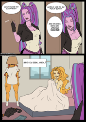 Size: 2480x3508 | Tagged: safe, artist:nire, derpibooru import, adagio dazzle, aria blaze, sunset shimmer, equestria girls, bed, bedroom, bottomless, breasts, building, caught, cleavage, clothes, comic, dialogue, female, fingerless gloves, gloves, jacket, lesbian, messy hair, nudity, partial nudity, pigtails, shipping, sleeveless, socks, stocking feet, sunsagio, sweat, sweatdrop, tanktop, text, twintails, window