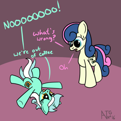 Size: 1999x1999 | Tagged: safe, artist:dafiltafish, derpibooru import, bon bon, lyra heartstrings, sweetie drops, earth pony, pony, unicorn, atg 2021, dialogue, dramatic, newbie artist training grounds