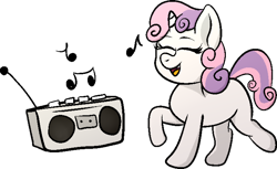 Size: 1430x874 | Tagged: safe, artist:xppp1n, sweetie belle, pony, unicorn, boombox, dancing, eyes closed, female, filly, music notes, open mouth, raised hoof, raised leg, simple background, solo, transparent background