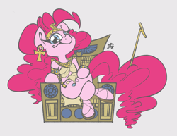 Size: 3300x2550 | Tagged: safe, artist:leadhooves, color edit, derpibooru import, edit, editor:datzigga, pinkie pie, earth pony, pony, colored, egyptian, looking at you, solo, throne
