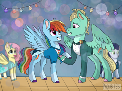 Size: 2732x2048 | Tagged: safe, artist:moccabliss, derpibooru import, fluttershy, rainbow dash, soarin', zephyr breeze, pony, clothes, dress, female, male, shipping, straight, suit, zephdash