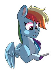 Size: 1085x1450 | Tagged: safe, artist:moccabliss, derpibooru import, rainbow dash, pony, hoof hold, pregnancy test, simple background, solo, white background