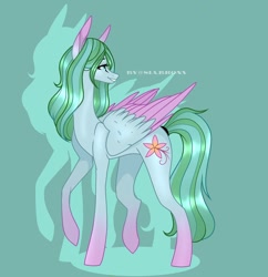 Size: 928x958 | Tagged: safe, artist:sia.brony, derpibooru import, oc, oc only, pegasus, pony, eyelashes, green background, looking back, pegasus oc, raised hoof, raised leg, simple background, smiling, solo