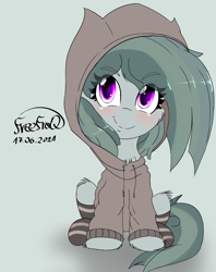 Size: 2380x3000 | Tagged: safe, artist:freefraq, derpibooru import, marble pie, earth pony, pony, chest fluff, clothes, cute, female, gray background, hoodie, marblebetes, mare, shadow, signature, simple background, smiling, socks, solo, striped socks, text
