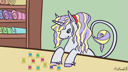 Size: 1985x1119 | Tagged: safe, artist:misskanabelle, derpibooru import, oc, oc only, oc:lady alice, pony, unicorn, horn, indoors, leonine tail, magical lesbian spawn, offspring, parent:applejack, parent:rarity, parents:rarijack, thread, unicorn oc, unshorn fetlocks