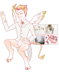 Size: 700x875 | Tagged: safe, artist:lavvythejackalope, derpibooru import, oc, oc only, oc:rosegold, hybrid, satyr, clothes, cloven hooves, horn, leonine tail, male, simple background, smiling, smirk, suit, transparent background, wings