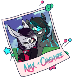 Size: 700x745 | Tagged: safe, artist:lavvythejackalope, derpibooru import, oc, oc only, oc:cheshire, oc:nyx, anthro, earth pony, rabbit, animal, anthro with ponies, bust, chest fluff, clothes, collar, commission, duo, earth pony oc, grin, hoof hold, makeup, one eye closed, outdoors, running makeup, selfie, side hug, simple background, smiling, transparent background, wink, ych result