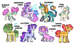 Size: 4062x2400 | Tagged: safe, artist:dreamscapevalley, derpibooru import, oc, oc only, oc:bubble tea, oc:cheers, oc:free spirit, oc:harmony hope, oc:journey, oc:mango chutney, oc:shoal surfer, oc:victory, earth pony, hybrid, pegasus, unicorn, clothes, earth pony oc, freckles, horn, interspecies offspring, magical gay spawn, magical lesbian spawn, offspring, parent:ahuizotl, parent:big macintosh, parent:bulk biceps, parent:cheese sandwich, parent:cherry jubilee, parent:coco pommel, parent:izzy moonbow, parent:luster dawn, parent:minty, parent:pinkie pie, parent:prince blueblood, parent:princess cadance, parent:queen novo, parent:zephyr breeze, pegasus oc, scarf, simple background, tongue, tongue out, tooth gap, unicorn oc, watermark, white background