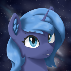 Size: 3000x3000 | Tagged: safe, artist:闪电_lightning, derpibooru import, princess luna, pony, ambiguous race, ear fluff, ears, eyelashes, female, filly, horn, smiling, teeth, woona, younger