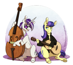 Size: 1736x1540 | Tagged: safe, artist:inuhoshi-to-darkpen, derpibooru import, oc, oc only, earth pony, unicorn, clothes, ear fluff, ears, glasses, guitar, hoof fluff, musical instrument, open mouth, parent:octavia melody, parent:vinyl scratch, simple background, transparent background