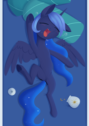 Size: 988x1394 | Tagged: safe, artist:dusthiel, derpibooru import, princess luna, alicorn, pony, atg 2021, cookie, cookie jar, cute, eyes closed, female, filly, food, lunabetes, mare, newbie artist training grounds, open mouth, sleeping, solo, woona, younger