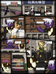 Size: 1750x2333 | Tagged: safe, artist:99999999000, derpibooru import, oc, oc only, oc:cwe, oc:firearm king, oc:zhang cathy, bird, pony, comic:visit, ak, ak-47, ar15, assault rifle, clothes, comic, glasses, gun, handgun, here's johnny, mp5, pistol, rifle, weapon