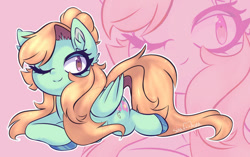 Size: 600x377 | Tagged: safe, artist:sinamuna, derpibooru import, oc, oc only, oc:pidge (sinamuna), pony, brown eyes, colored hooves, confident, ear fluff, ears, female, folded wings, hair bun, long hair, lying down, mare, one eye closed, orange hair, signature, smiling, solo, wings, wink