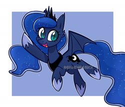 Size: 1750x1500 | Tagged: safe, artist:handgunboi, derpibooru import, princess luna, alicorn, bat, bat pony, bat pony alicorn, pony, bat ponified, bat wings, fangs, female, horn, lunabat, open mouth, open smile, race swap, simple background, slit eyes, smiling, wings