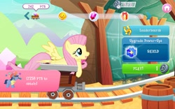 Size: 1280x800 | Tagged: safe, derpibooru import, fluttershy, earth pony, pegasus, pony, app, astro pony, bits, crystal, female, game, gameloft, gem, horseshoes, jewelry, male, mare, mine, minecart, mobile game, present, shield, smiling, stallion, wheel, wings